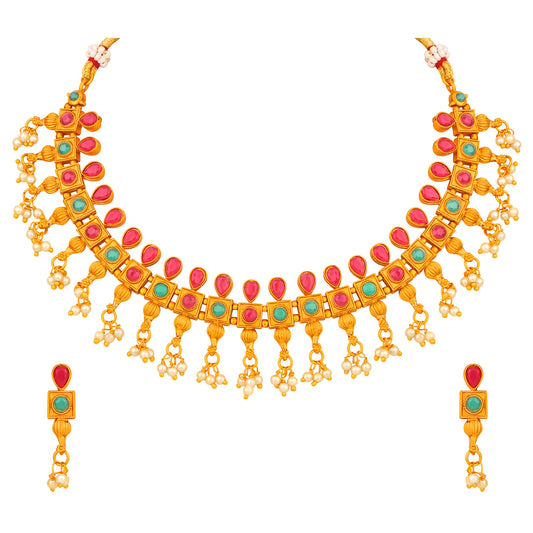 Matt Gold Plated Multicolor Traditional Choker Necklace Set