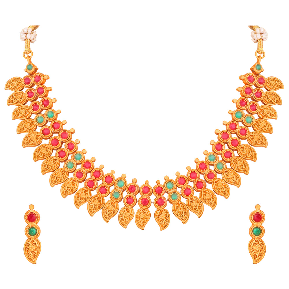 Matt Gold Plated Leaf Shaped Multicolor Traditional Choker Necklace Set
