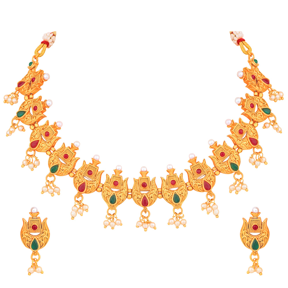 Red & Green Leaf Shaped Multicolor Traditional Choker Necklace Set