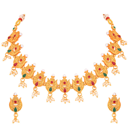 Red & Green Leaf Shaped Multicolor Traditional Choker Necklace Set