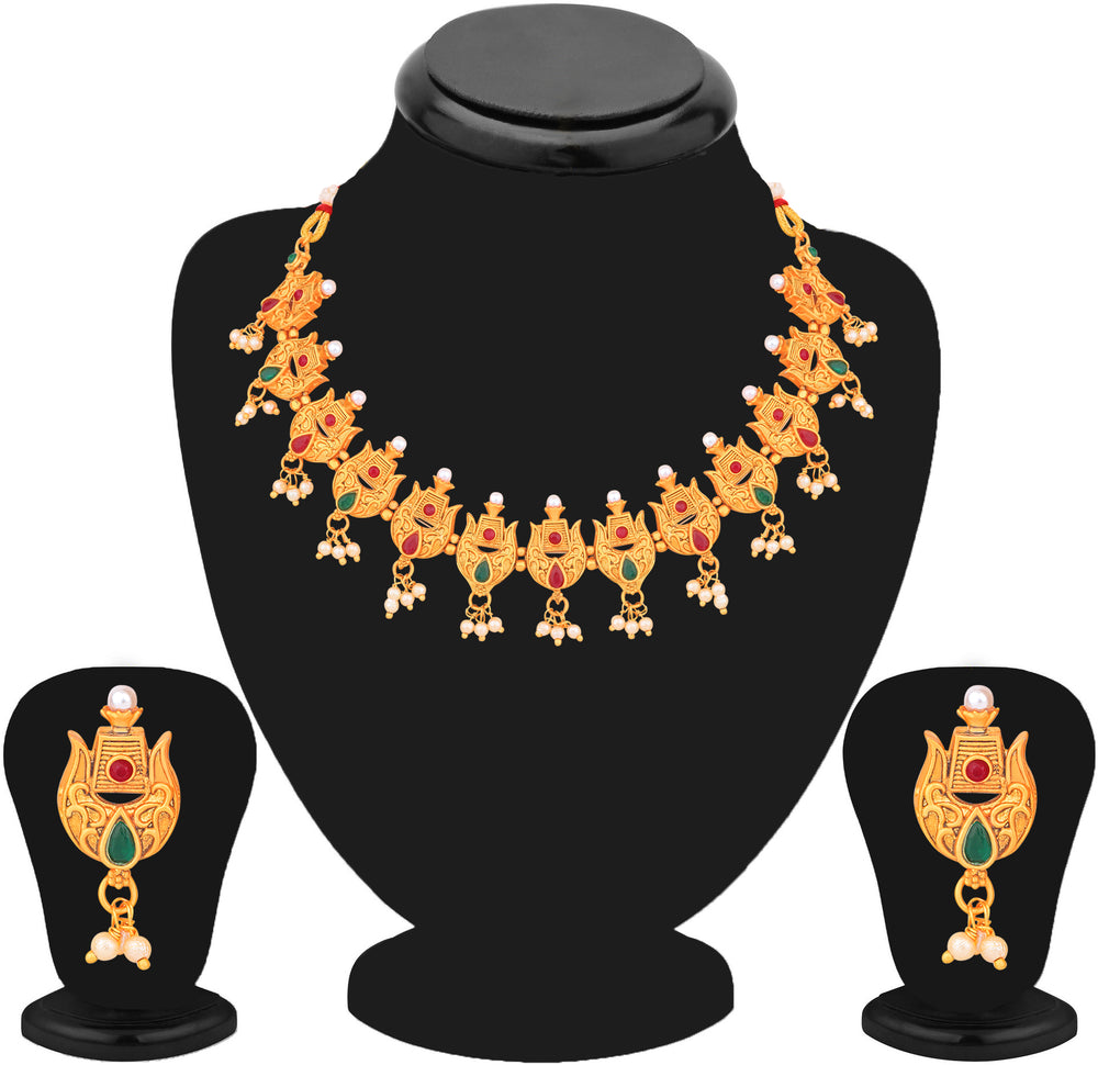 Red & Green Leaf Shaped Multicolor Traditional Choker Necklace Set