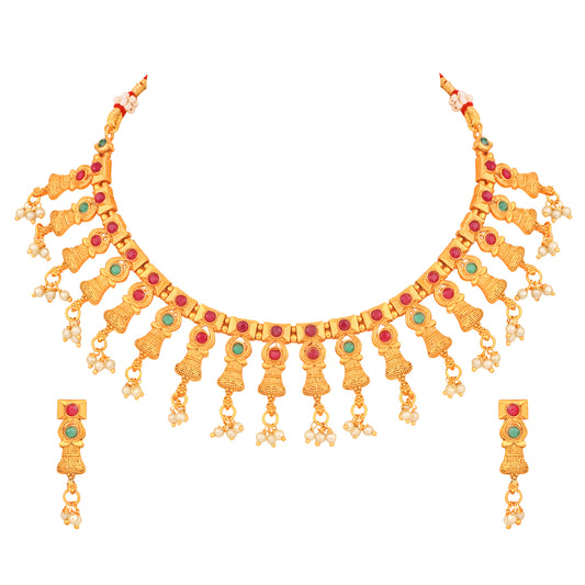 Matt Gold Plated Multicolor Traditional Choker Necklace Set