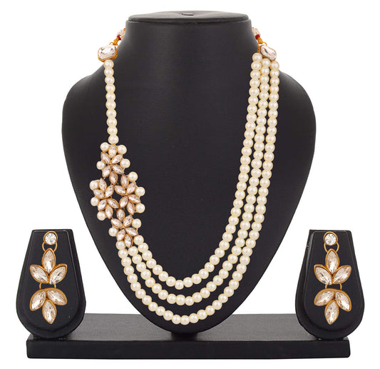 Layered Long Necklace Set with White Kundan