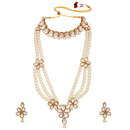 Layered Long Necklace & Choker Necklace Set with White Kundan