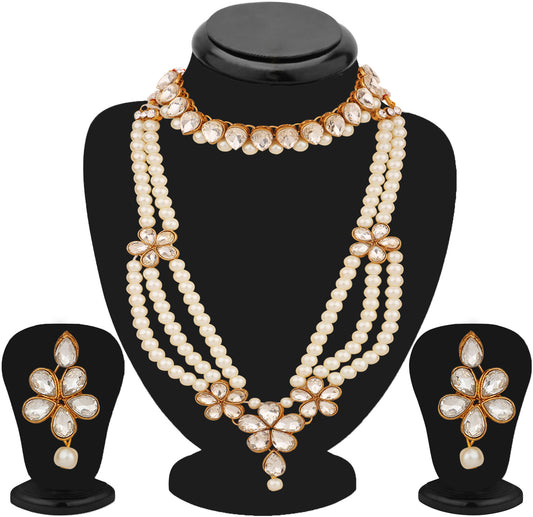 Layered Long Necklace & Choker Necklace Set with White Kundan
