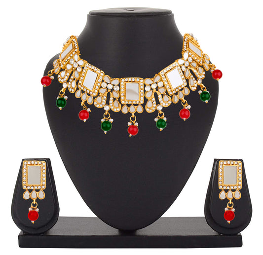 Red Green Kundan & White Mirror Stone Traditional Choker Necklace Set