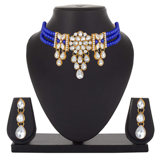 Blue Kundan Gold Plated Traditional Choker Necklace Set