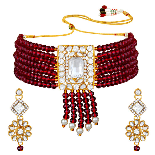 Maroon Kundan Gold Plated Traditional Choker Necklace Set