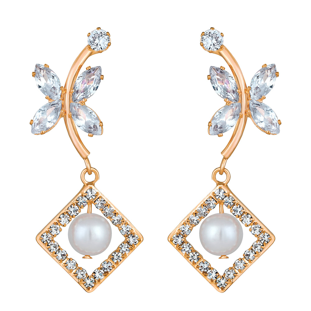 Butterfly Shaped American Diamond & Artificial Pearl Dangle Drop Earring