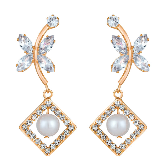 Butterfly Shaped American Diamond & Artificial Pearl Dangle Drop Earring