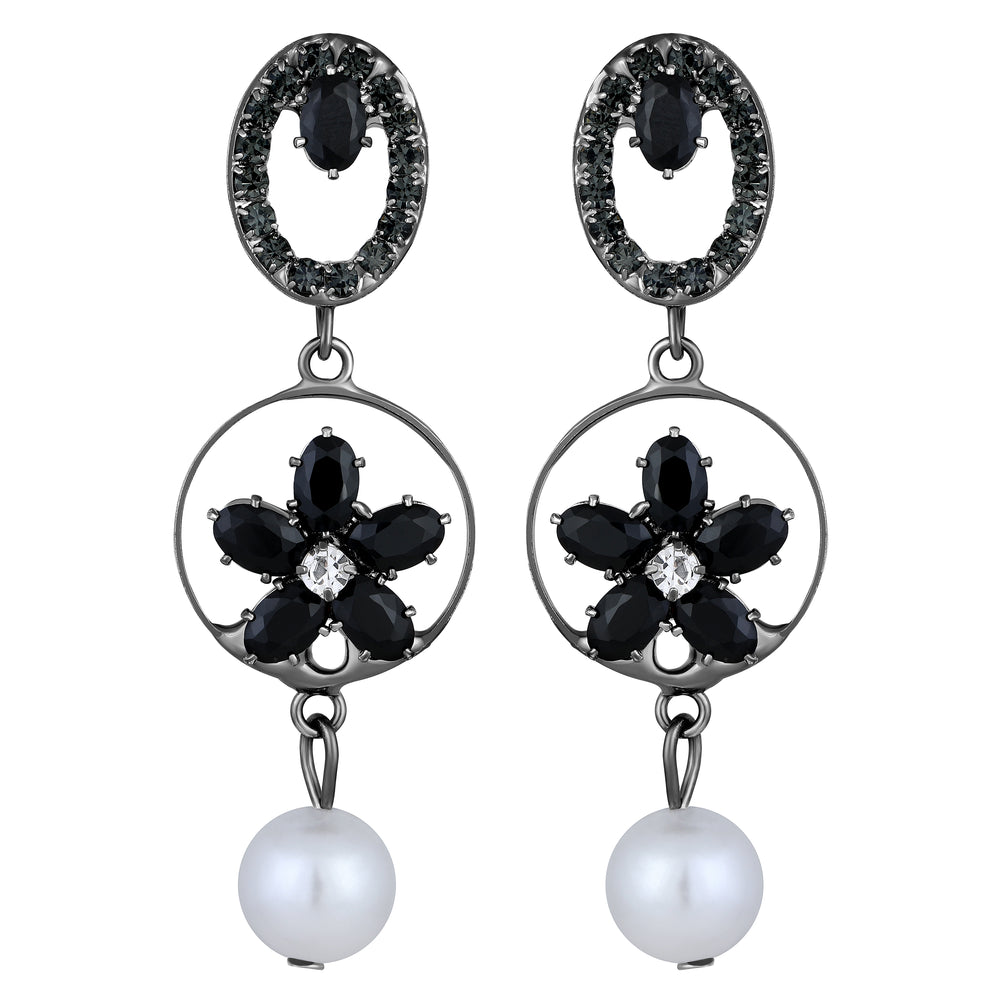 American Diamond & Artificial Pearl Floral Dangle Drop Earring