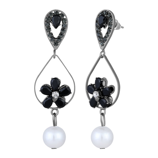 American Diamond & Artificial Pearl Floral Dangle Drop Earring