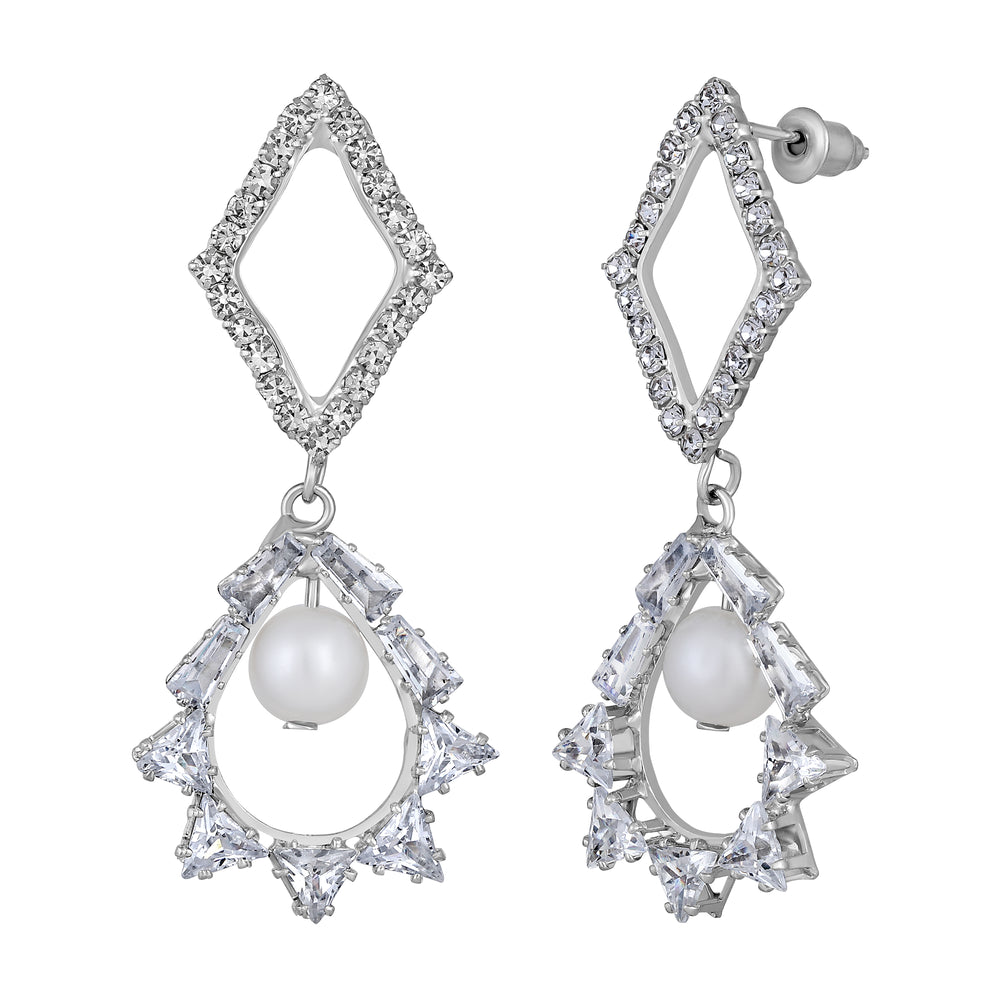 White AD Stone & Artificial Pearl Dangle Drop Earring