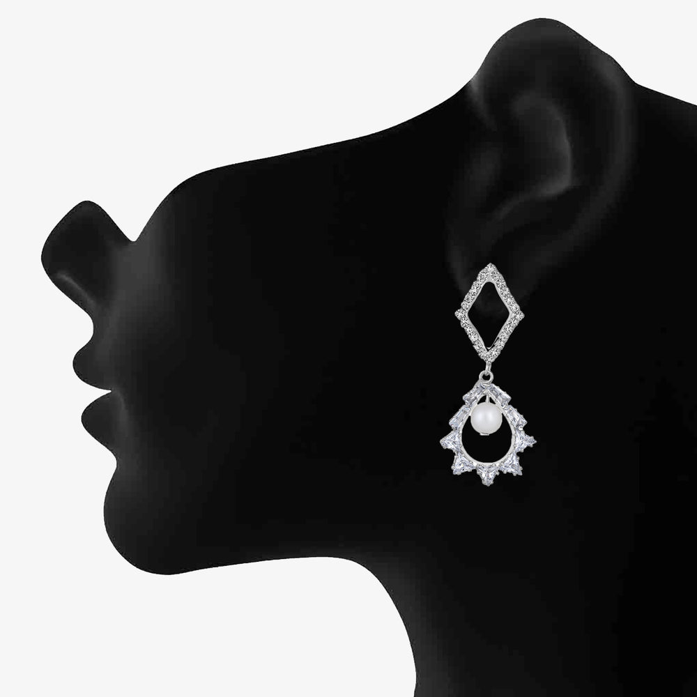 White AD Stone & Artificial Pearl Dangle Drop Earring