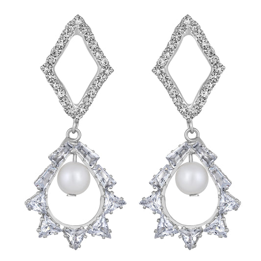 White AD Stone & Artificial Pearl Dangle Drop Earring