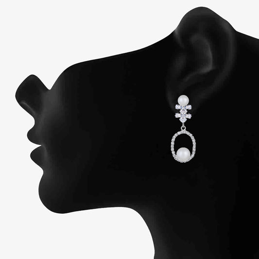 White AD Stone & Artificial Pearl Drop Earring