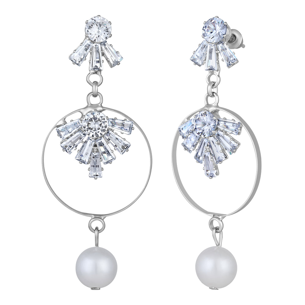 White AD Stone & Artificial Pearl Dangle Drop Earring