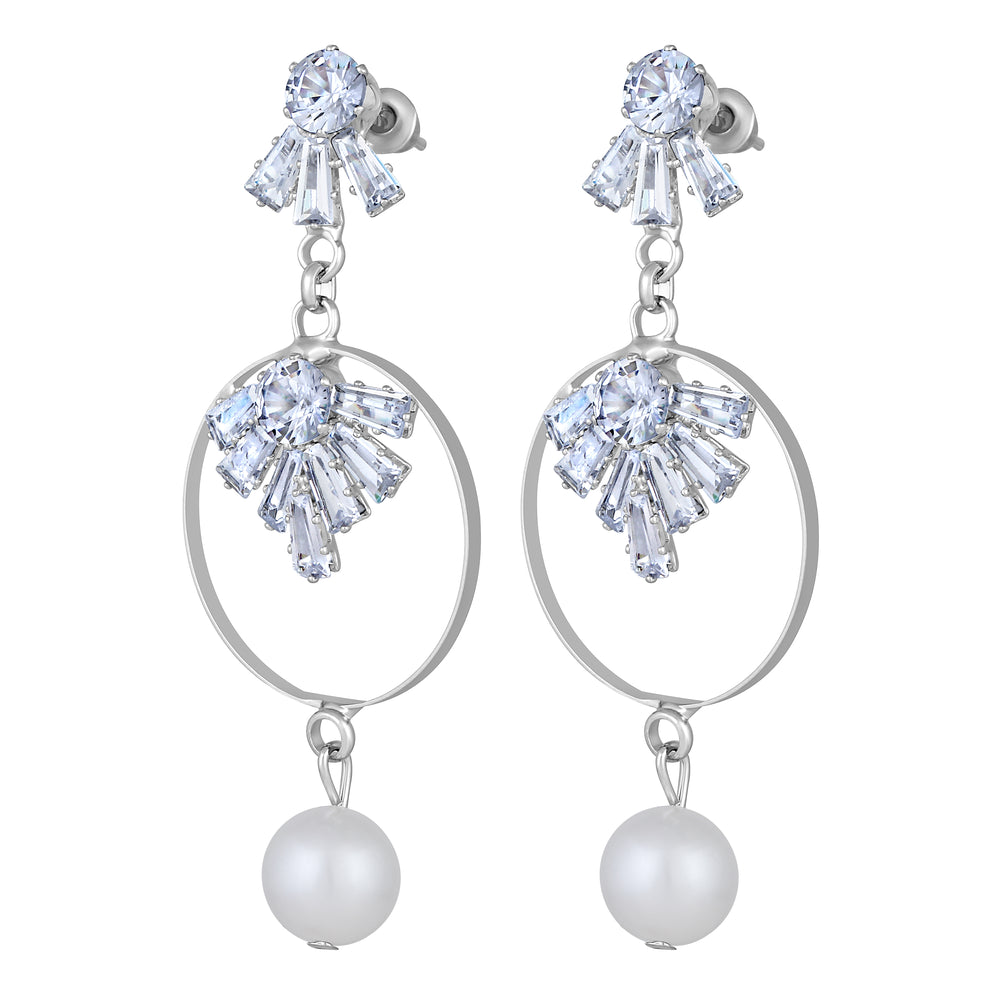 White AD Stone & Artificial Pearl Dangle Drop Earring