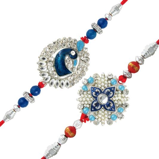 Combo of Floral and Peacock Rakhis with Pearls & Blue Meenakari Work