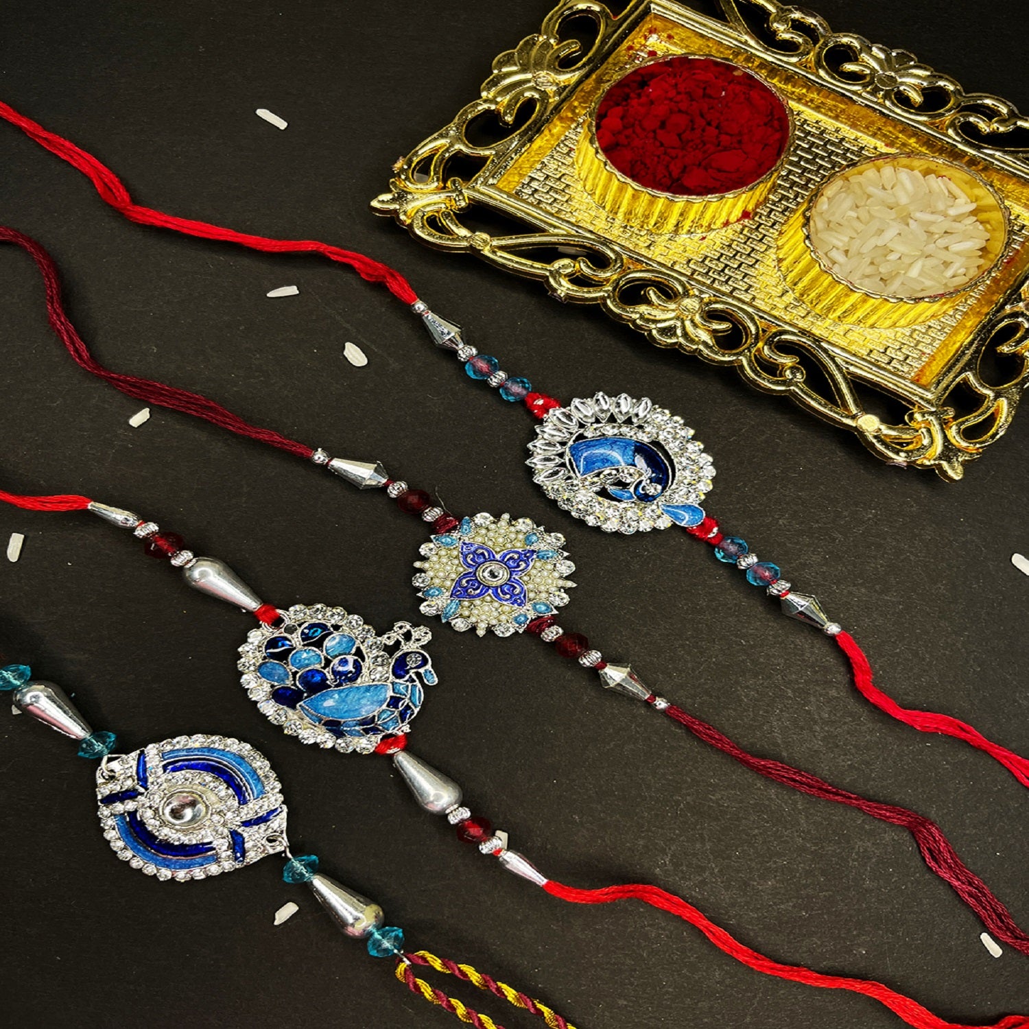 Combo of Four Meenakari Work Rakhis with Artificial Pearl and Crystal for Brothers