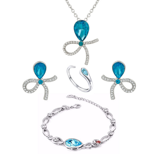 Combo of Blue Solitaire Crystal Designer Pendant Set Finger Ring and Bracelet