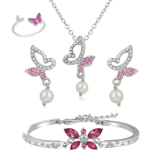 Combo of Beautiful Winged Pink Butterfly Pendant Set, Bracelet and Finger Ring