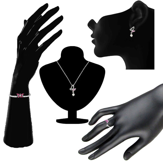 Combo of Beautiful Winged Pink Butterfly Pendant Set, Bracelet and Finger Ring