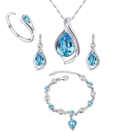 Combo of Majestic Blue Pendant Set, Heart Bracelet and Finger Ring with Crystal and Cubic Zirconia