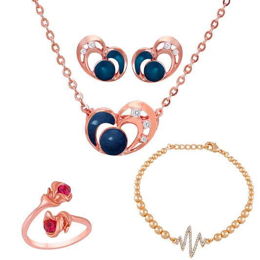 Combo of Heart Pendant Set, Floral Finger Ring and Heart Beat Bracelet with Crystal and Cubic Zirconia