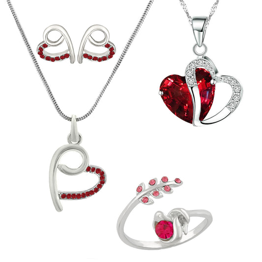 Combo of Peppy Heart Pendant Set Bracelet and Finger Ring with Crystal