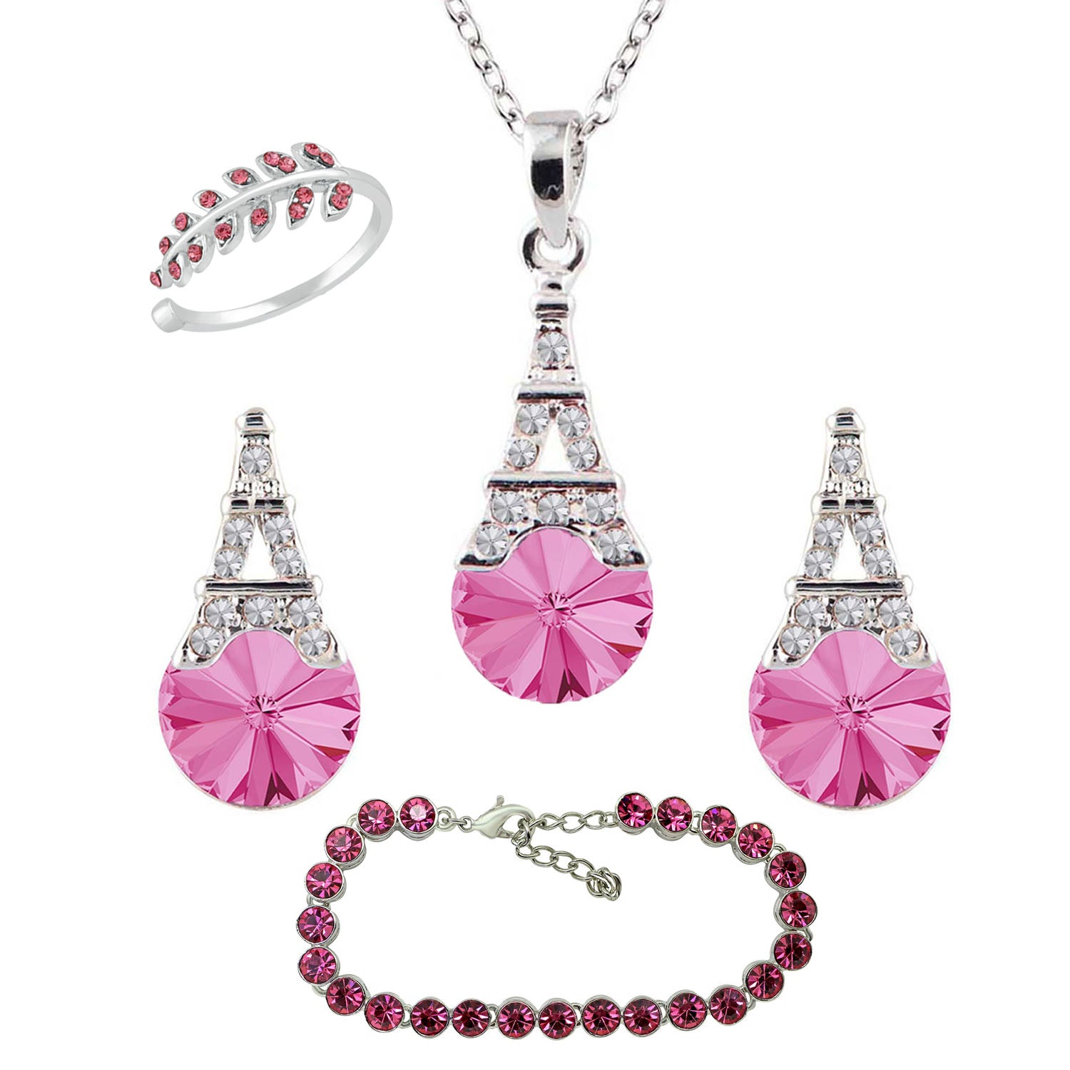 Combo of Crystal Designer Eiffel Tower Pendant set, Solitaire Crystal Bracelet and Finger Ring