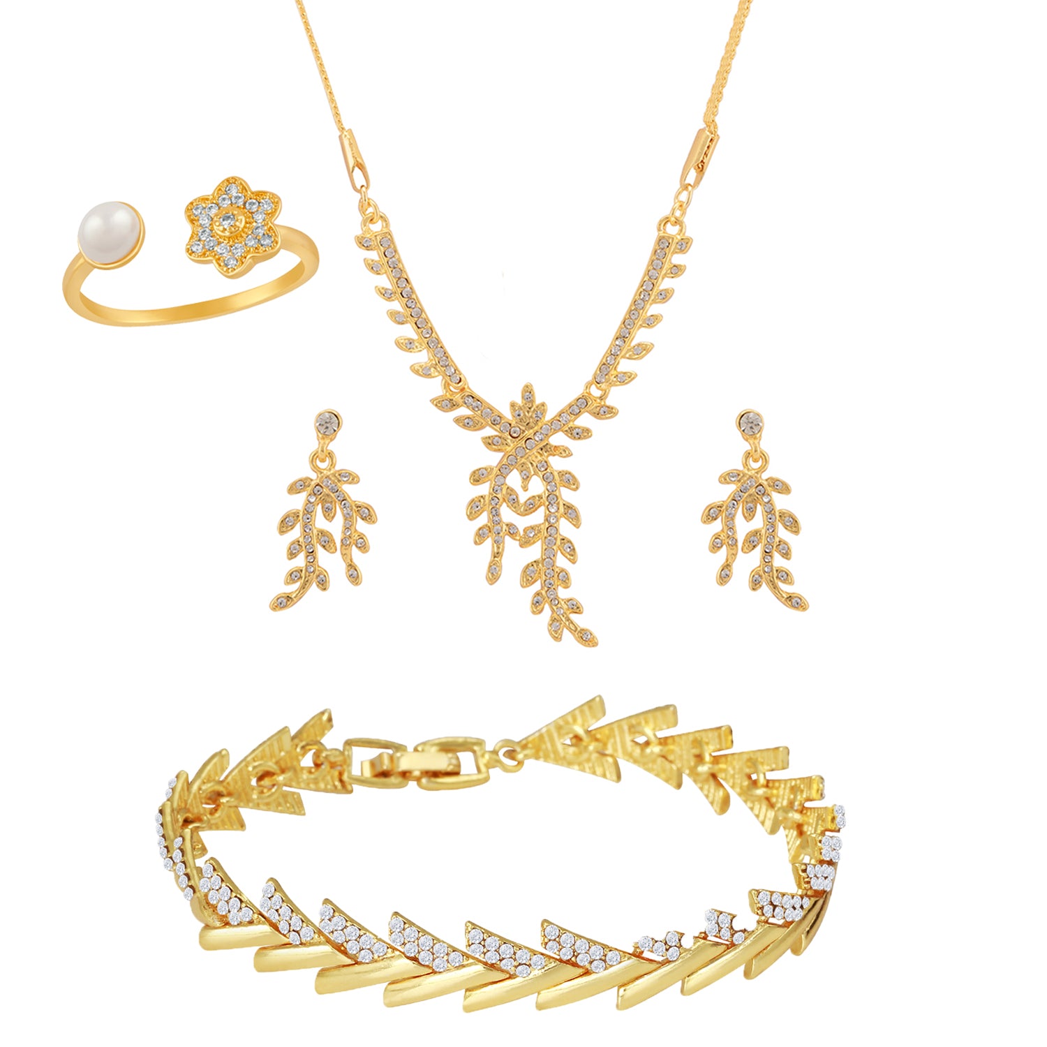 Combo of Leafy Designer Crystal Pendant set, Bracelet and Finger Ring