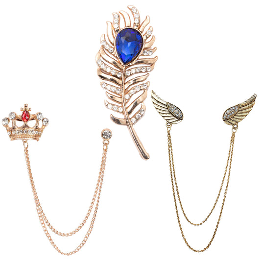 Combo of Designer Chain and Feather Shaped Men's Lapel Pin