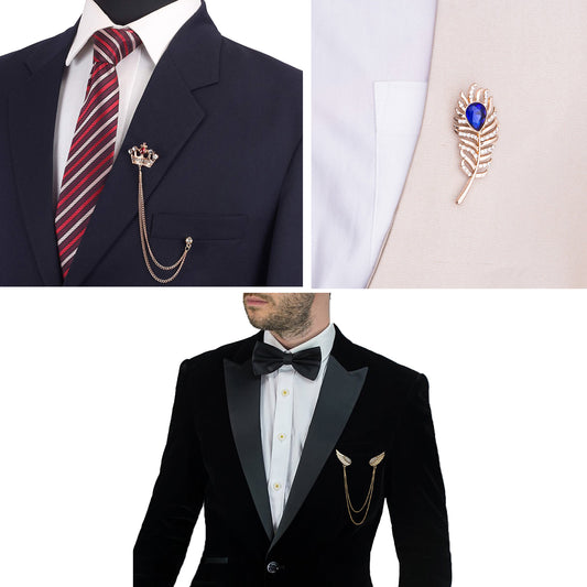 Combo of Designer Chain and Feather Shaped Men's Lapel Pin