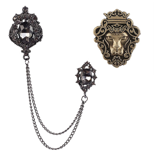 Combo of Lion's Face and Two Layer Chain Brooch with Crystals