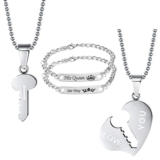 Combo of Couple Bracelet with Heart and Key Pendant