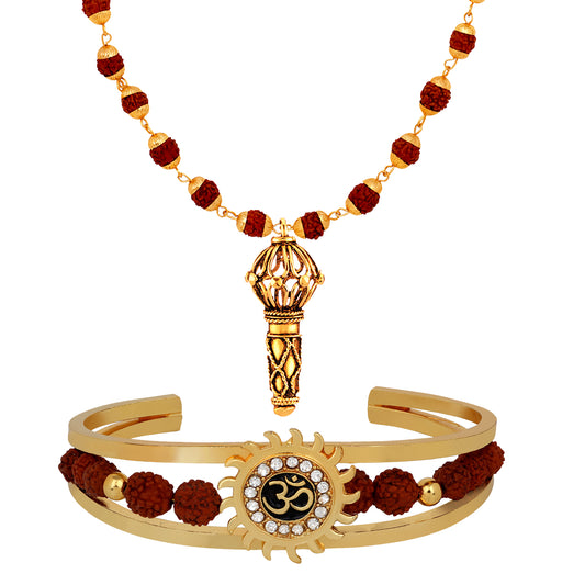 Combo of Om Sun Cuff Kada Bracelet and Hanuman Gada Pendant with 24 Inch Rudraksha Mala