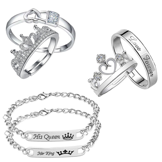 His Queen Her King Bracelet and Couple Rings