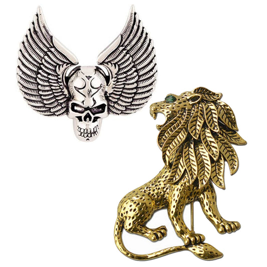 Combo of Skull Wings and Roring Lion Shirt Stud Brooch Pin