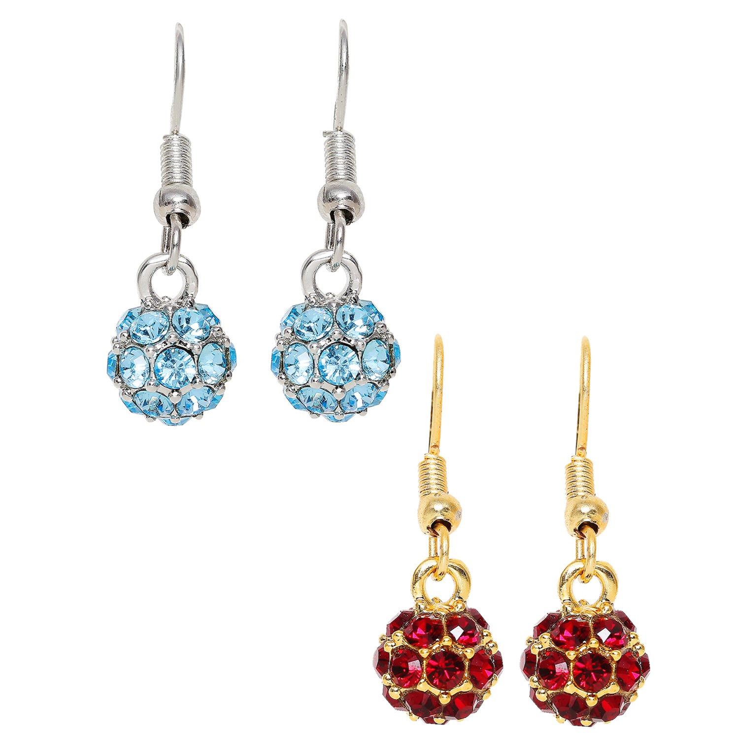 Combo of 2 Royal Sparklers Blue and Red Crystals Ball Earrings