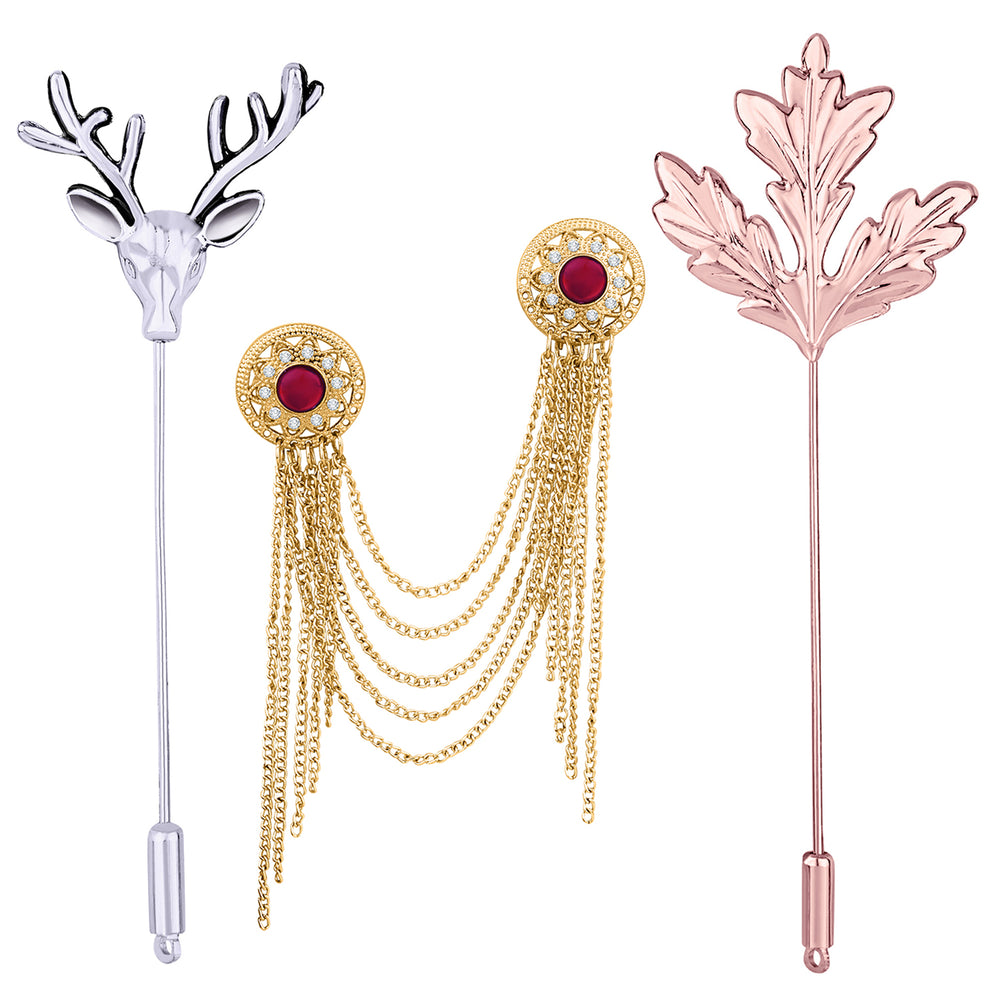 Layered Chain, Mapel Leaf and Deer Face Shaped Lapel Pin / Brooch