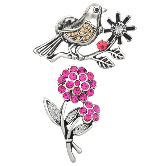 Floral and Sparrow Shaped Lapel Pin / Brooch
