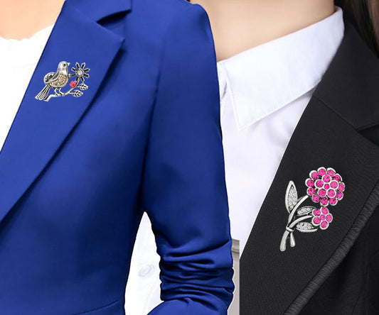 Floral and Sparrow Shaped Lapel Pin / Brooch