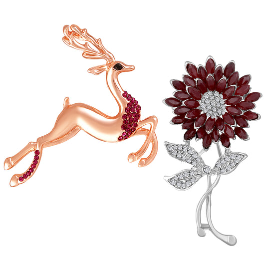 Combo of Brown and white Crystals Floral, Deer-Shaped Wedding Brooch