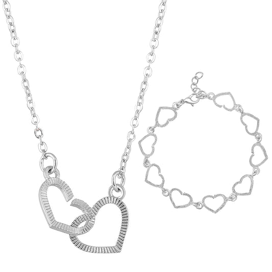 Heart Link Pendant Necklace and Adjustable Bracelet Combo