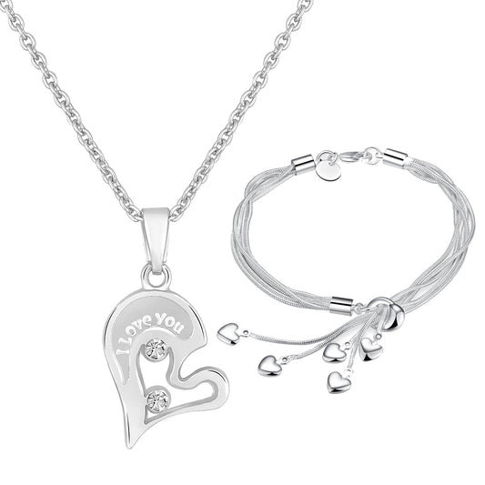 Combo of "I LOVE YOU" Engraved Broken Heart Pendant and Small Hearts Chain Bracelet