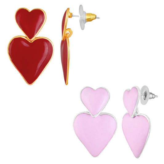 Pink & Red Meenakari Work Dual Heart Drop Earrings