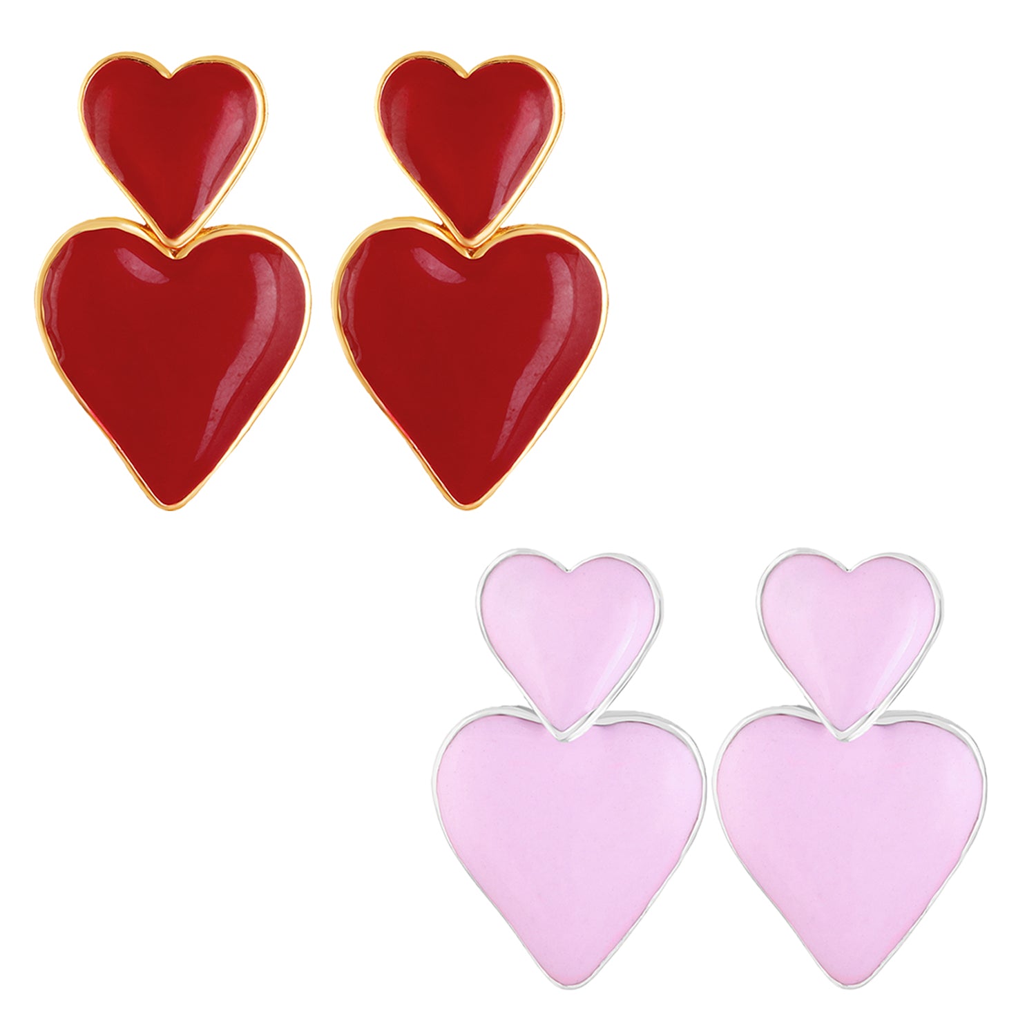 Pink & Red Meenakari Work Dual Heart Drop Earrings