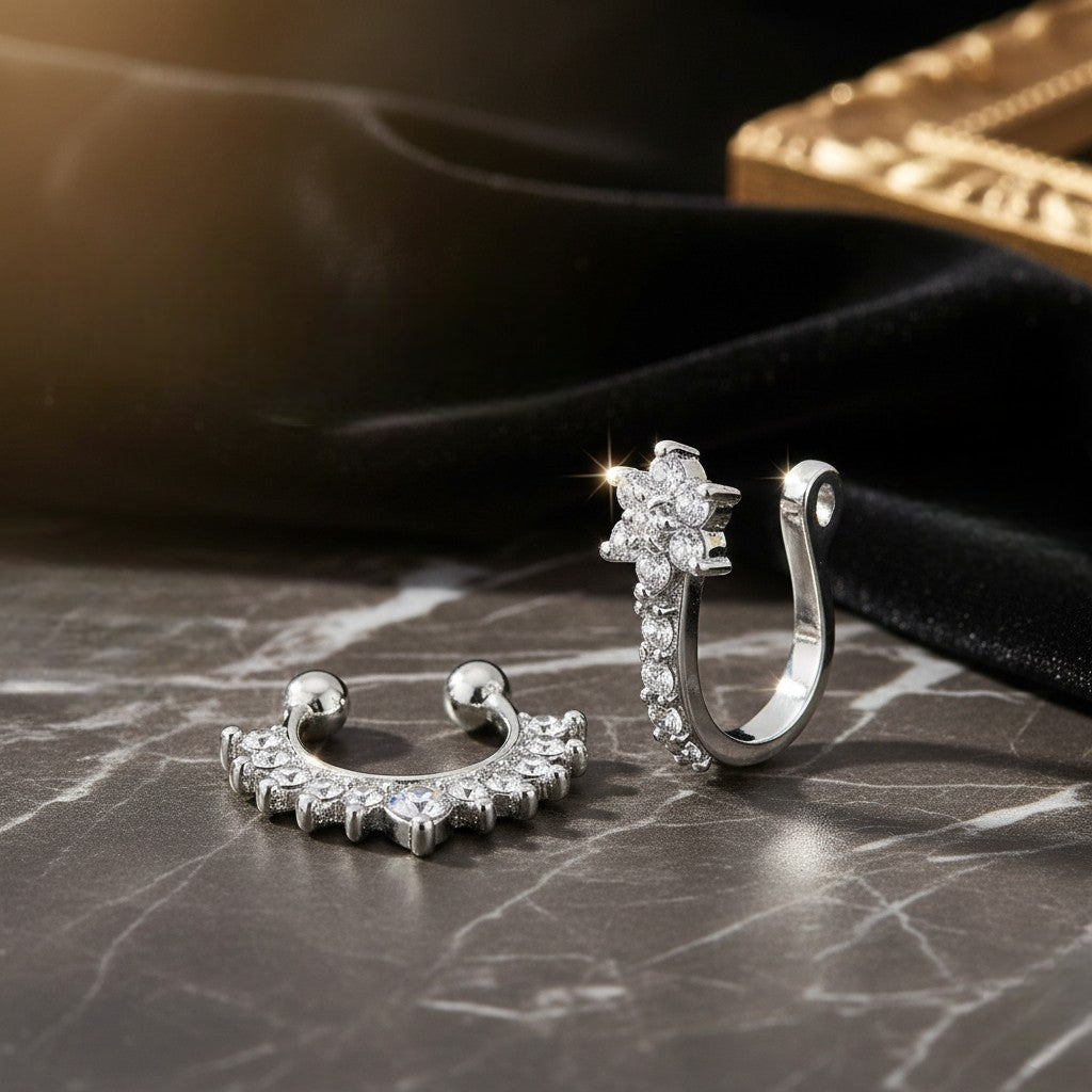 Combo of 2 Shiny Crystals Piercing Nose Rings Set