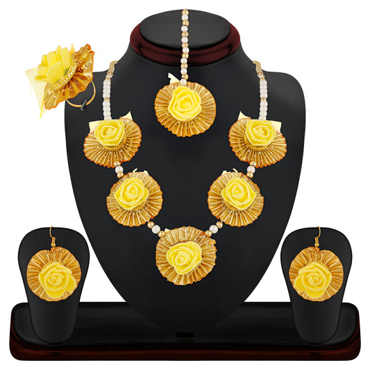 Gotta Patti Yellow Floret Pearl Jewellery set combo